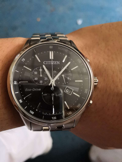 西铁城(citizen)手表 时尚光动能大盘黑色三眼多功能男表at2140-55e