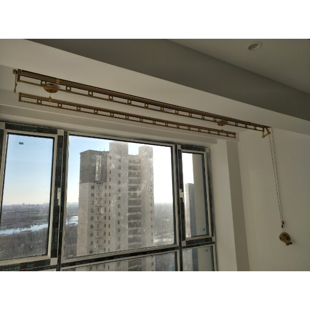 盼盼手摇升降晾衣架家用阳台加厚晾衣杆室内外三杆自动折叠晒衣架金色