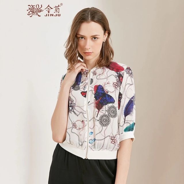 > 金菊2019春夏季新款女士印花真丝棒球衫时尚百搭桑蚕丝中袖短外套女