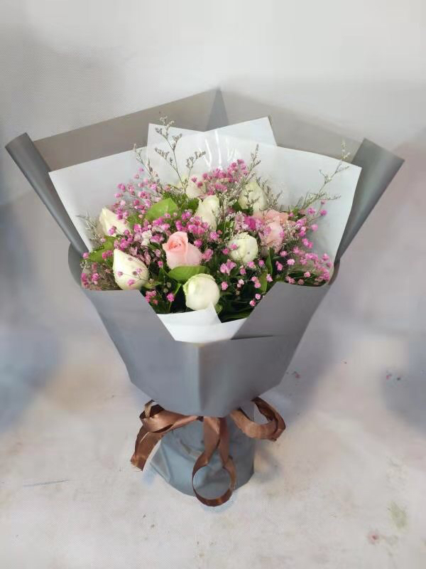 爱花居 鲜花速递2小时达红粉香槟玫瑰满天星ins花束生日鲜花送恋人