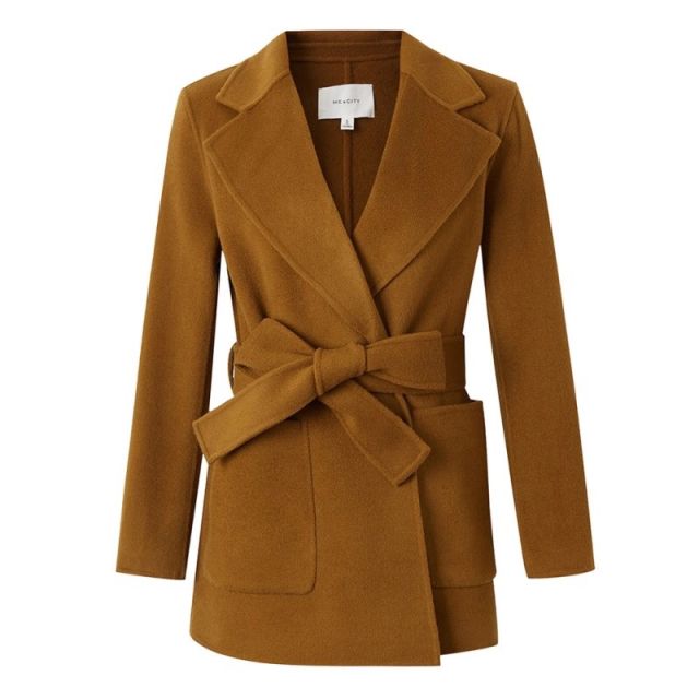 mecity女装2019春季新款韩版西装领中长款双面呢系带大衣16084a茶褐色