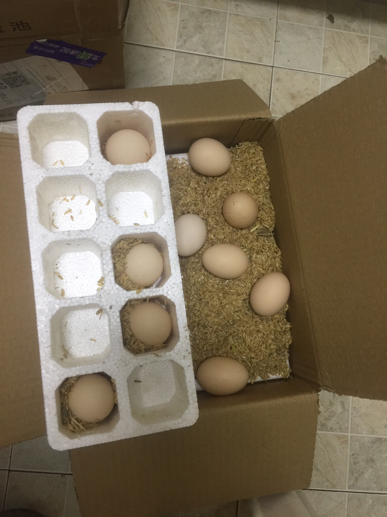 从快递单这边开箱是反着的,不过幸好有这些谷壳,鸡蛋一个都没有破味道