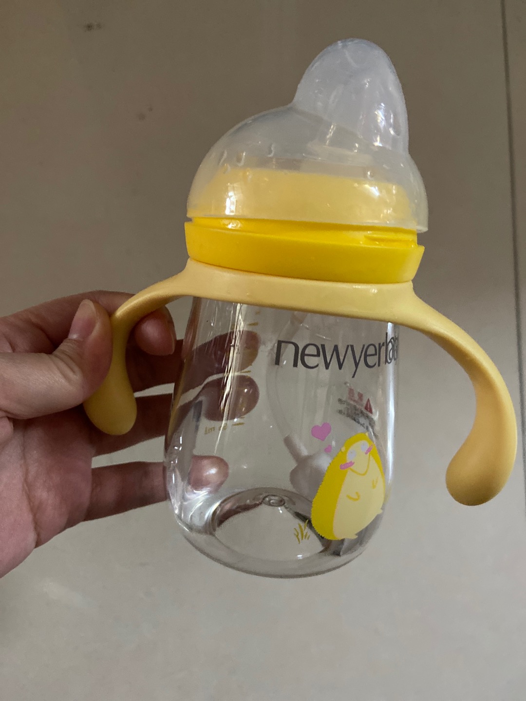 纽因贝儿童鸭嘴学饮杯 婴儿防摔防呛带手柄重力球 儿童吸管水杯 黄色