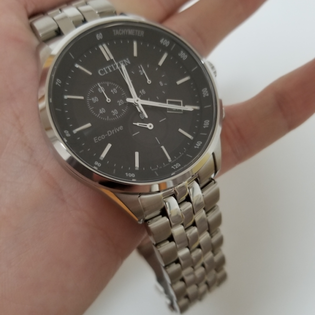 西铁城手表光动能蓝宝石钢带大盘三眼多功能时尚商务表at214055e