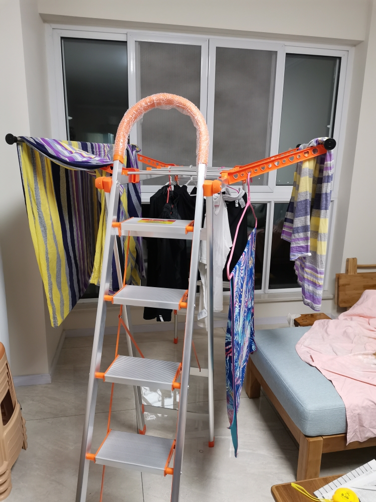 肯泰家用梯子折叠晾衣架室内多功能两用伸缩人字梯晾晒梯 5步橙色