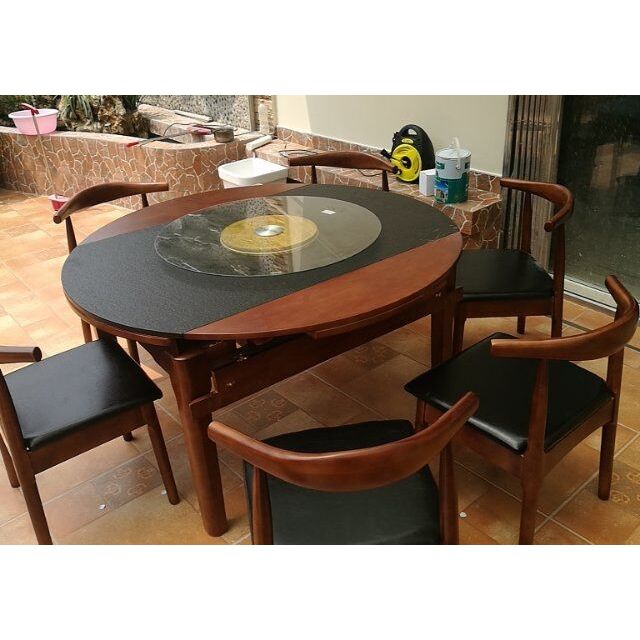 火烧石餐桌北欧圆桌家用可伸缩饭桌带电磁炉大理石实木餐桌椅组合