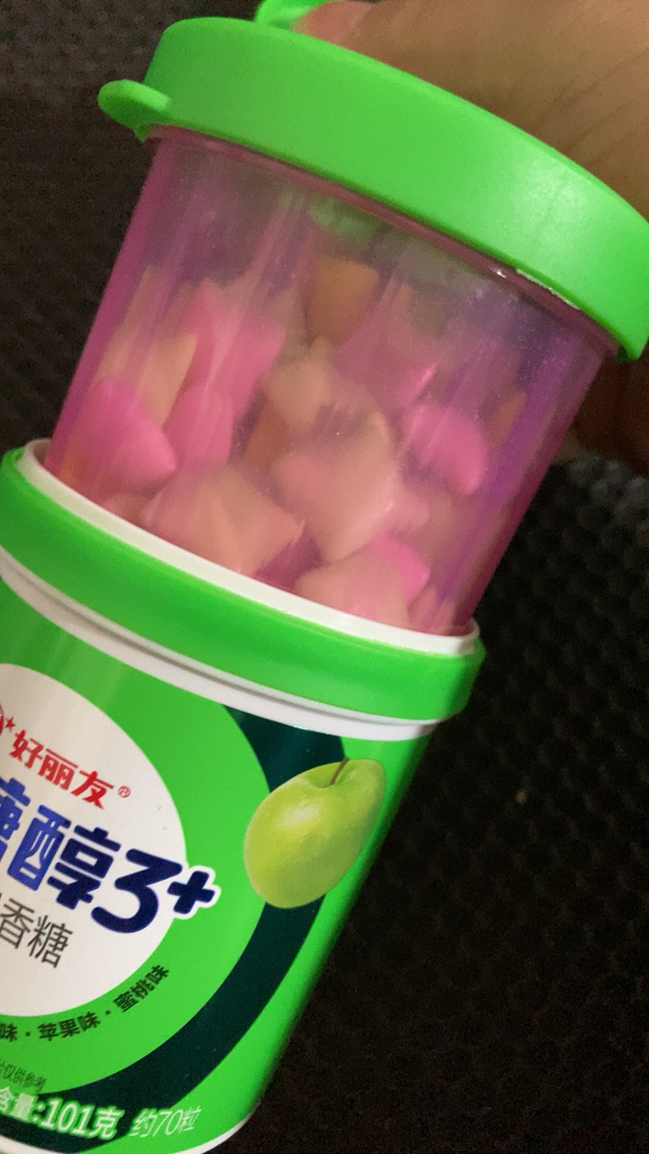 好丽友无糖口香糖101g木糖醇3+薄荷水果味花香味软糖清新口气大瓶装[绿瓶]超檬苹果蜜桃味101g*1瓶晒单图