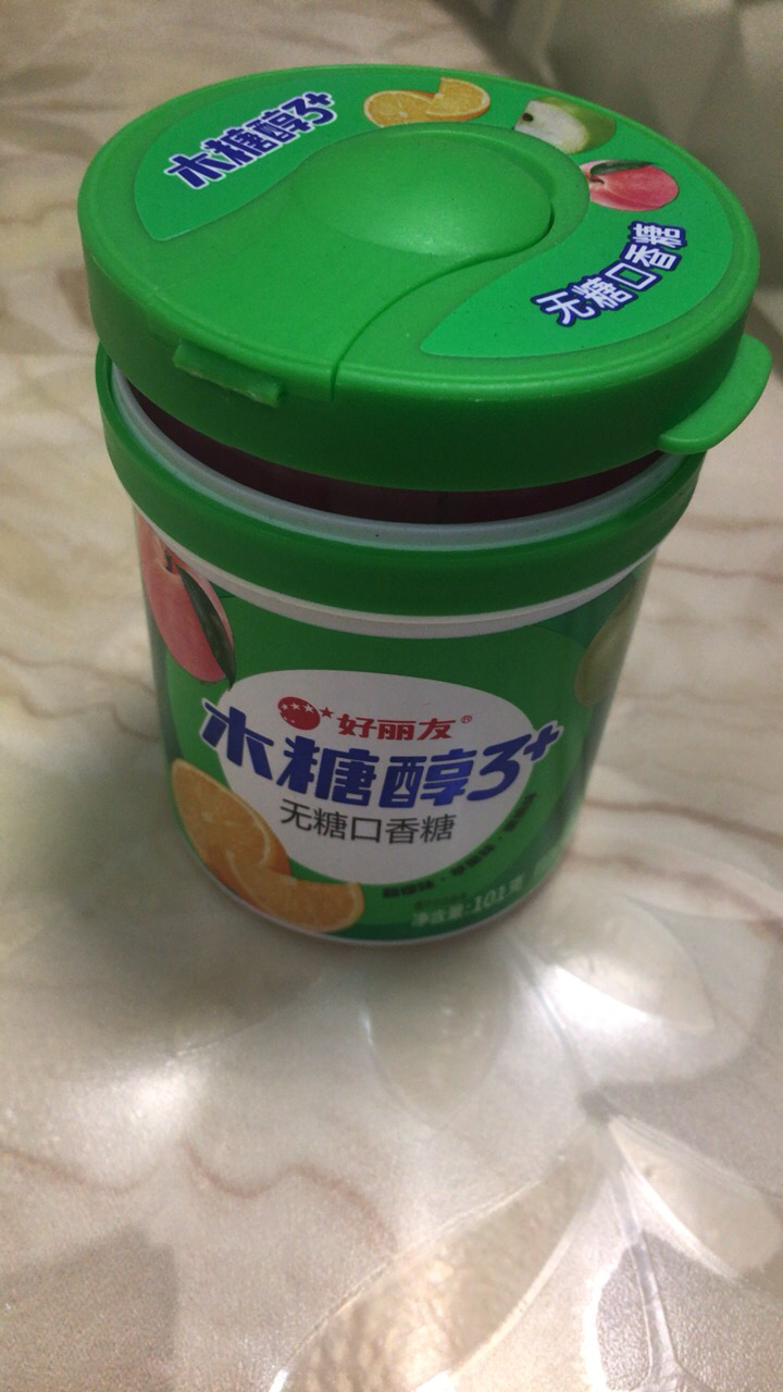 好丽友无糖口香糖101g木糖醇3+薄荷水果味花香味软糖清新口气大瓶装[绿瓶]超檬苹果蜜桃味101g*1瓶晒单图