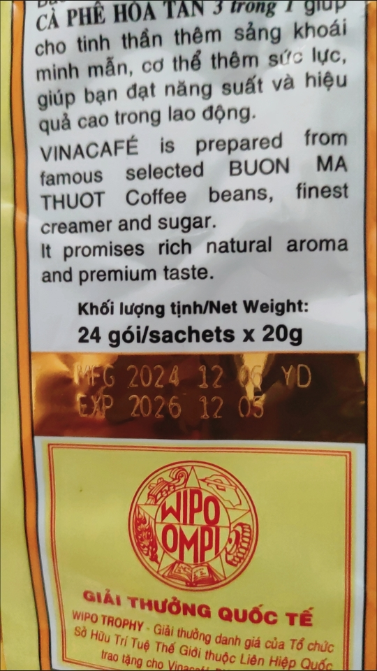 越南原装进口威拿味客咖啡咖啡金装三合一速溶咖啡480g*2袋晒单图