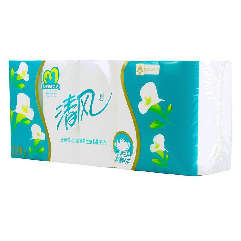 [苏宁易购超市]清风卷纸马蹄莲系列140克10卷3层平纹长卷无芯卷纸