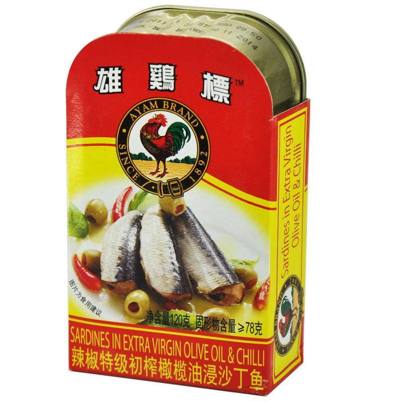 雄鸡标辣椒特级初榨橄榄油浸沙丁鱼120g