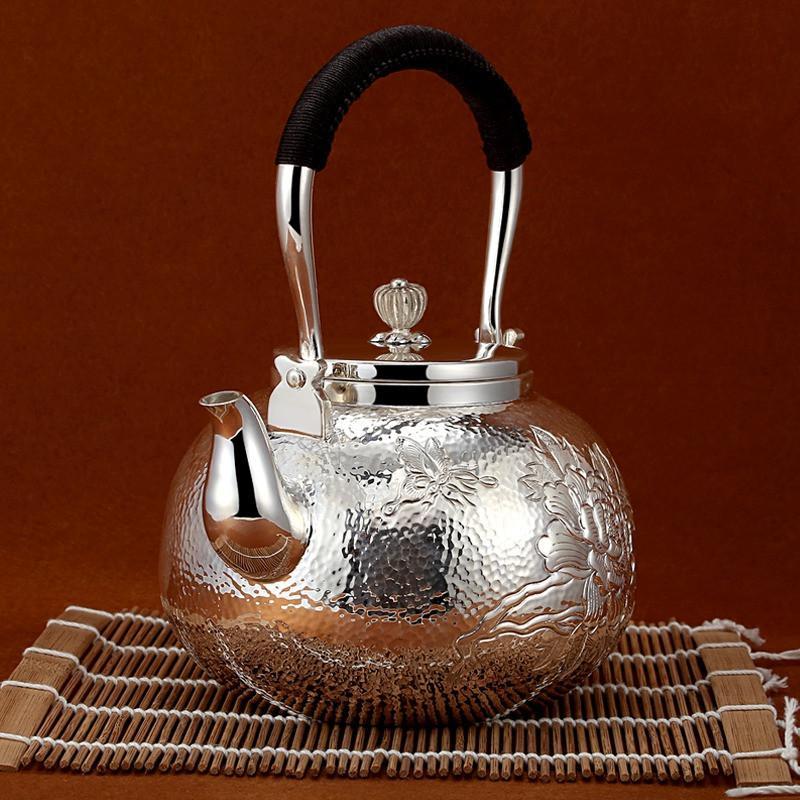 银斯妮 日式煮水壶999足银茶壶大容量牡丹花 850克