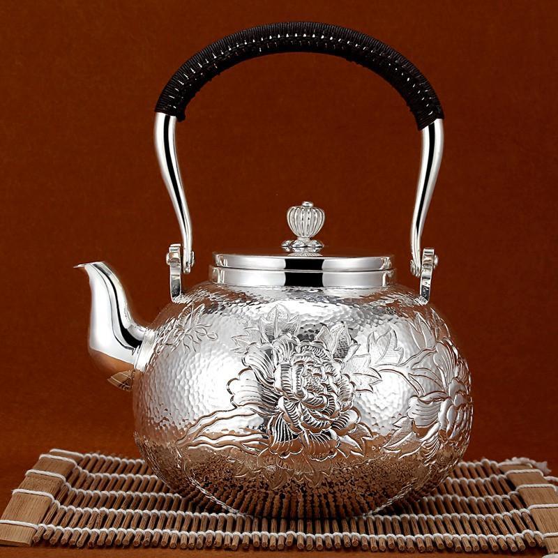 银斯妮 日式煮水壶999足银茶壶大容量牡丹花 850克
