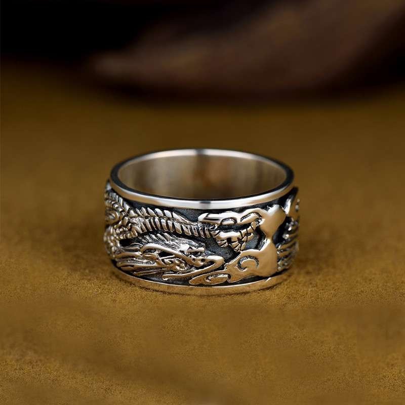 银斯妮 泰银银戒指男款戒指个性微胖男士 龙的传人 复古宽版戒指