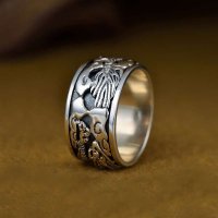 银斯妮 泰银银戒指男款戒指个性微胖男士 龙的传人 复古宽版戒指