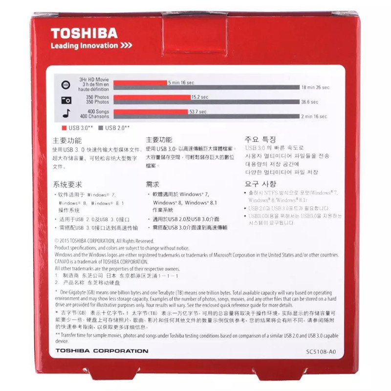 [赠硬盘包]东芝(TOSHIBA)Alumy系列2T 移动硬盘 2.5英寸USB3.0 经典红