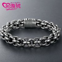 银斯妮 粗壮男士银手链男款手链复古个性微胖男手链925银饰品 约61克
