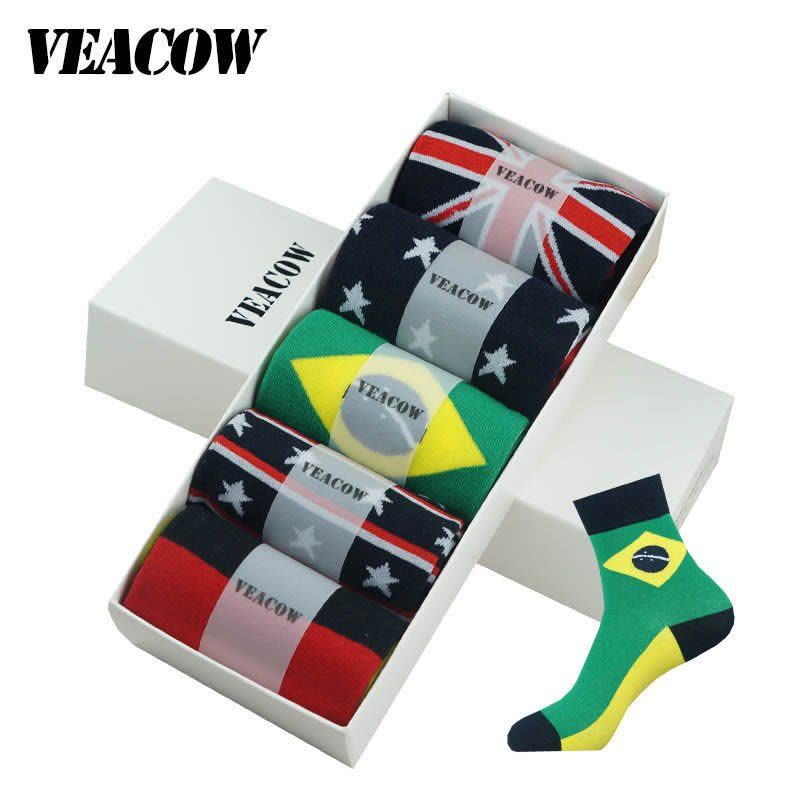 VEACOW [5双装]礼盒装球迷袜 新款全面国旗男士中筒棉袜男袜运动袜图片
