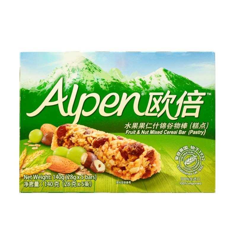 欧倍(Alpen)水果+果仁什锦谷物棒(糕点)5条装(140克)