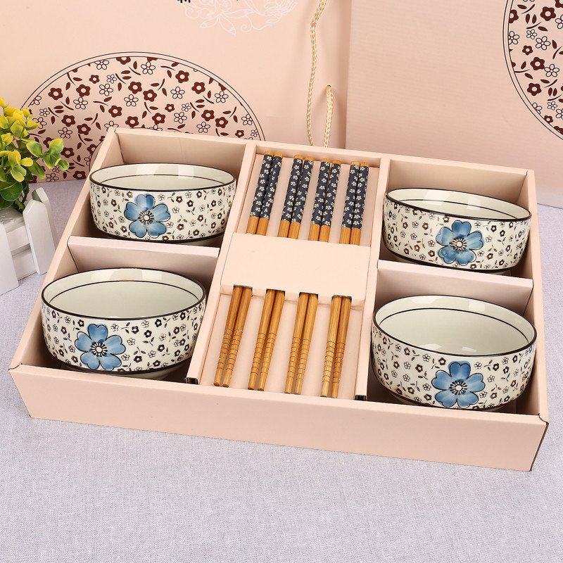 彩帮 景德镇 陶瓷礼品 春节 婚庆 公司礼品 骨瓷碗筷套装富贵蓝4碗4筷家居 送礼