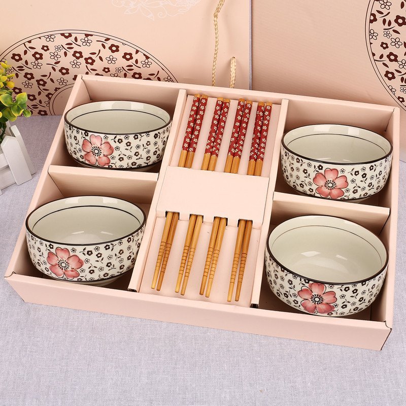 彩帮 景德镇 陶瓷礼品 春节 婚庆 公司礼品 骨瓷碗筷套装富贵蓝4碗4筷家居 送礼