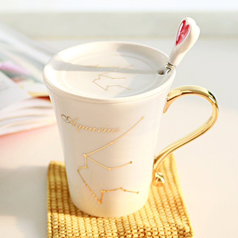 彩帮 十二星座杯子带盖 韩式创意水杯时尚陶瓷马克杯情侣对杯水瓶座