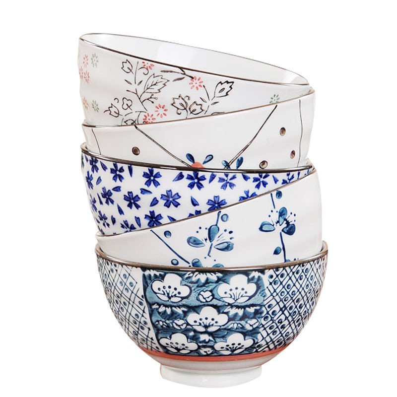 景德镇陶瓷和风 米饭碗 汤碗 宜家碗 釉下彩 手绘 青花金钟碗5个套装5色装组合套装