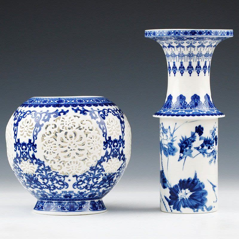 景德镇陶瓷器高档青花双层象牙镂空薄胎花瓶客厅家居工艺品摆件【价格