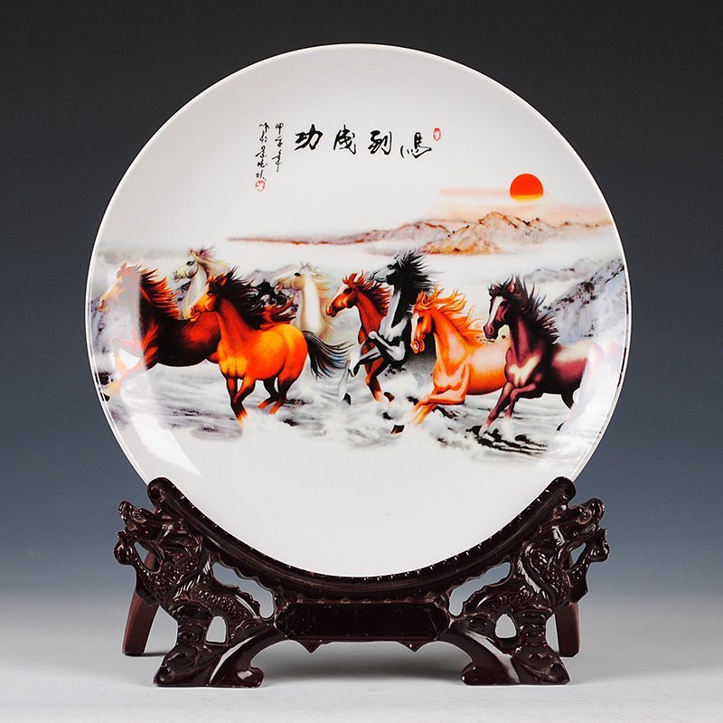 彩帮景德镇陶瓷器 马到成功花瓶三件套摆件挂盘装饰盘客厅装饰工艺品