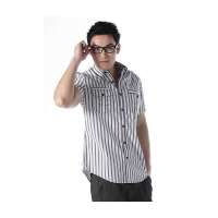 OLOMO欧莱诺活力型男全棉竖条纹修身短袖衬衫111323061952(白底藏青条)