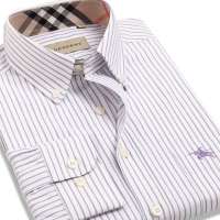 Baneberry 男装休闲撞色细条纹纯棉长袖衬衣10019(紫条39)