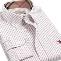 Baneberry 男装休闲撞色细条纹纯棉长袖衬衣10019(红条38)