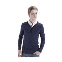 OLOMO欧莱诺假两件V领细条纹长袖T恤男款(黑蓝条L)111511095050