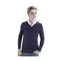 OLOMO欧莱诺假两件V领细条纹长袖T恤男款(黑蓝条XL)111511095052