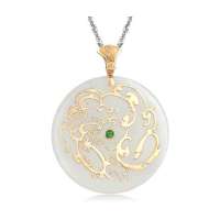 龙之昱-黄18K金镶翡翠和田玉吊坠-龙翔凤舞(赠925银项链)