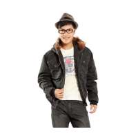 GOODFUTURE毛领帆布短款茄克带帽款黑灰色56-58GF-M002-0012-XL