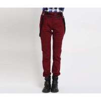 唐狮 女弹力休闲背带格子长裤(配送背带)11042209300642329酱红(29)