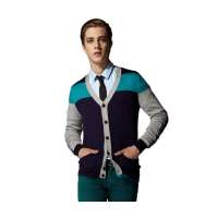 OLOMO欧莱诺潮流V领多色拼接开衫蓝绿色(男M)111710044048