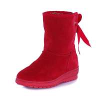 皮尔世绅翻毛皮绑带可爱雪地靴短靴坡跟冬靴女韩版88155西瓜红(36)