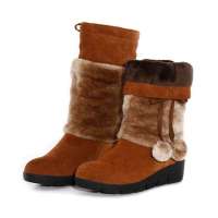 皮尔世绅中筒雪地靴牛皮毛球坡跟女靴冬靴901201土黄(39)