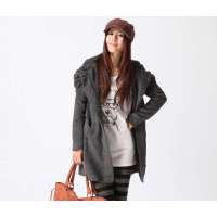 HSTYLE/韩都衣舍 新款韩版纯色女带帽毛呢外套GW1688炭黑色(M)