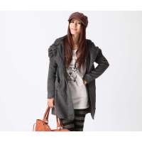 HSTYLE/韩都衣舍 新款韩版纯色女带帽毛呢外套GW1688炭黑色(S)