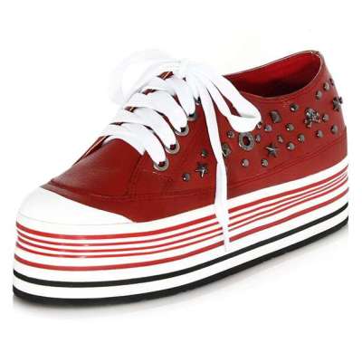 维杜拉Vedullar时尚牛皮系带撞色拼接松糕鞋平底单鞋Z186-1L1红色(37)