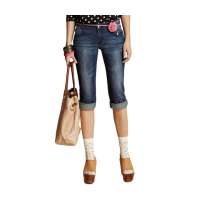 olomo欧莱诺女款中腰复古猫须牛仔七分裤中蓝色(30)112231025030