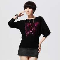 唐狮 女圆领绣花净色蝙蝠袖线衫111321043118黑色(L)