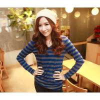 HSTYLE/韩都衣舍 韩国春装新款V领条纹长袖T恤GJ1590蓝色(S)