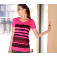 猫人蕾丝花边条短袖裙桃红(XL)L112037