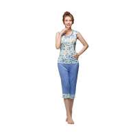 猫人印花撞色背心中裤女套白底印蓝花(M)L112007