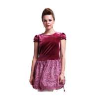 TS 丝绒盘花网纱拼接后背V领花苞小礼服连衣裙酒红色S0251168 L码