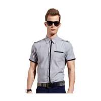 OLOMO欧莱诺男装细条纹局部拼接短袖衬衫112320051052(黑白/XL)